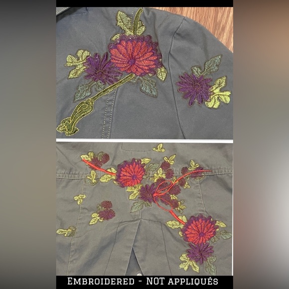 Military green denim jacket MEDIUM cropped embroidered floral vintage vntg Y2K - Picture 13 of 15